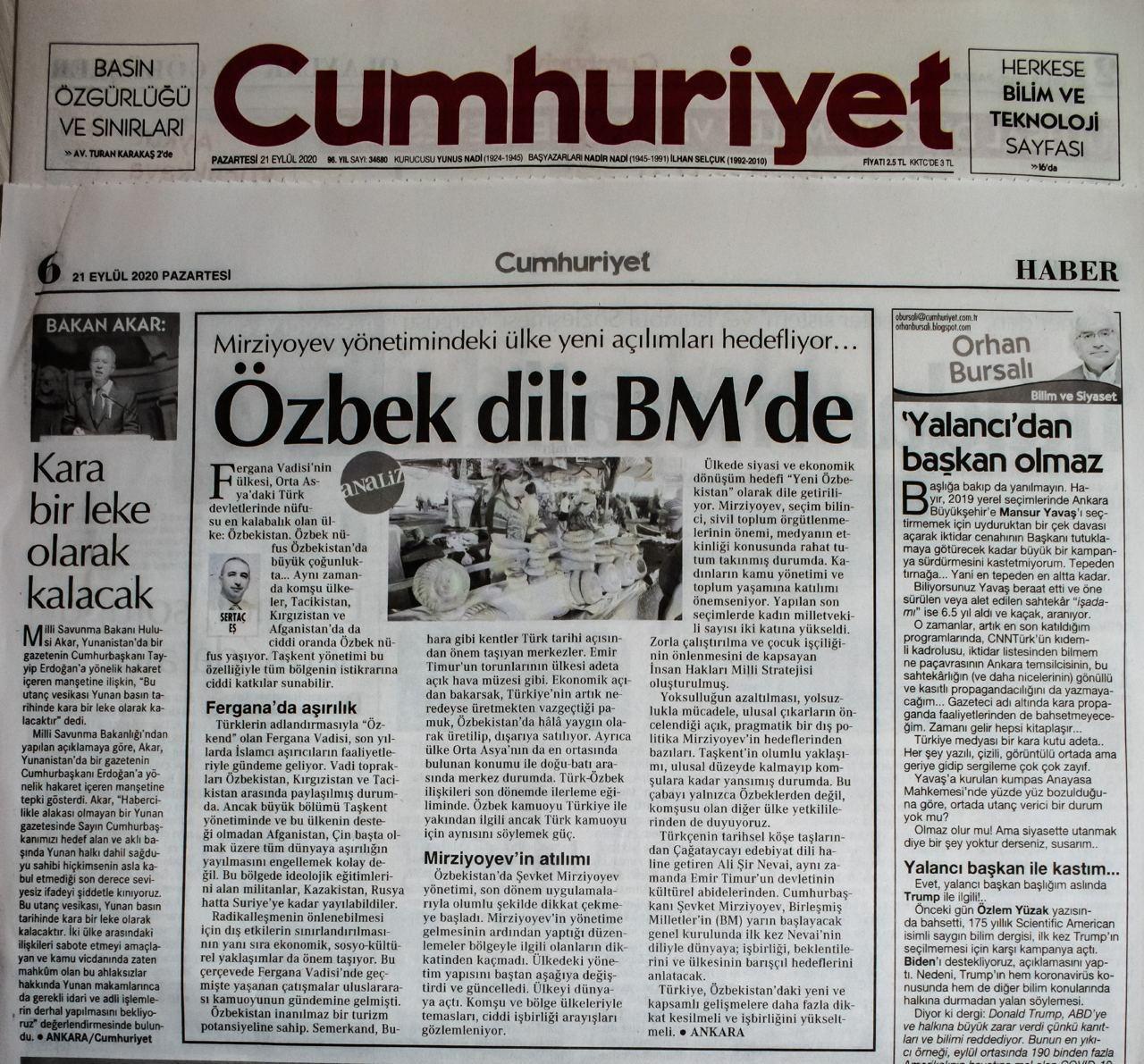 «BMTda ilk bor Navoiy tilida» - Turkiyaning «Jumhuriyat» gazetasi Mirziyoyevning BMTda o‘zbek tilida nutq so‘zlashini olqishladi